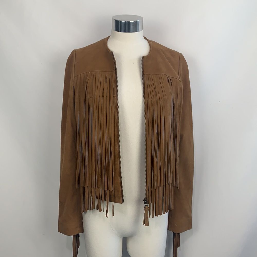 Mackage Tan Brown Suede Fringe Zip Jacket - Picture 9 of 11